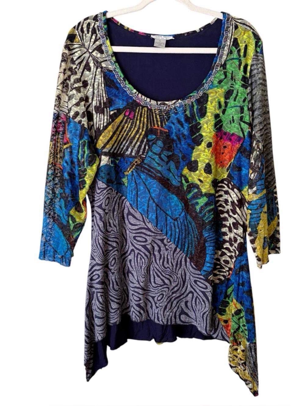 Alberto Makali | Abstract Print Tunic Shirt Top Shark Bite Hem Art to Wear XL